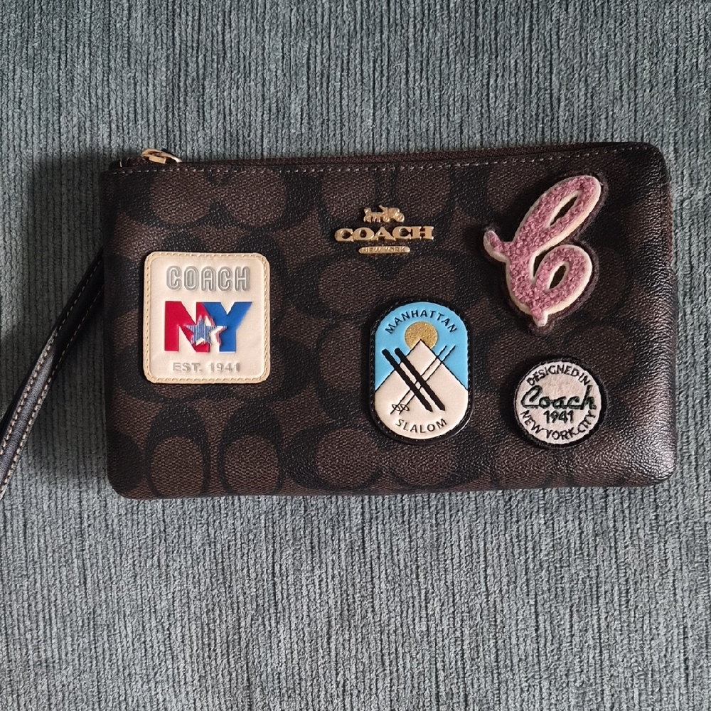 Coach Dark Brown Wristlet with Colorful Patches